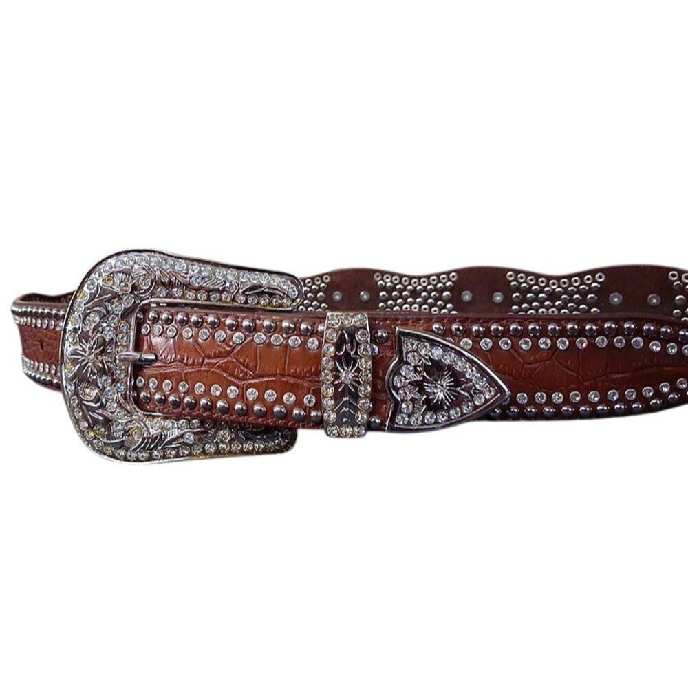 Nocona Western Leather Belt Womens Large Crystal Concho Gator Mahogany N3416202